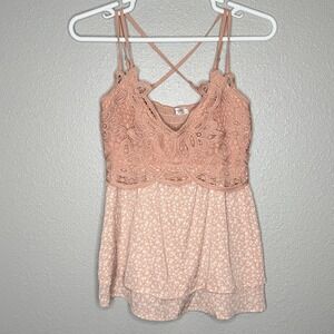 Feager Lace Babydoll Top Pink‎ Floral Coquette Boho Fairy Soft Girl Strappy L